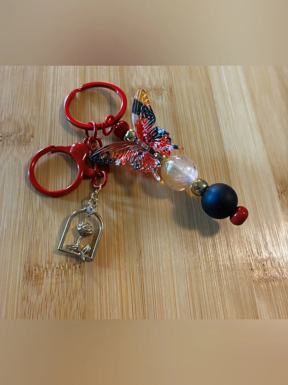Red Butterfly Beaded Keychain with Flower Charm
